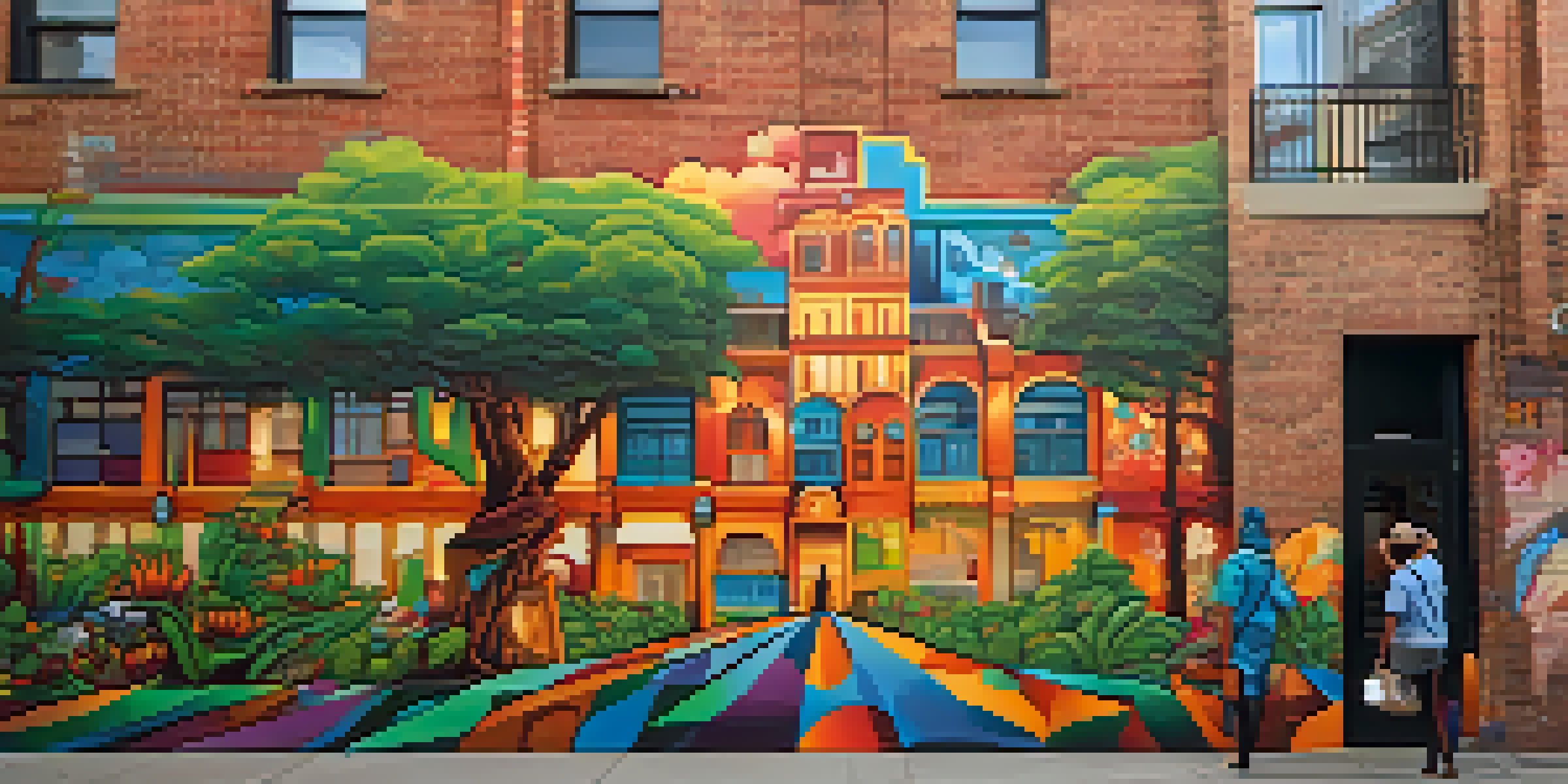 A colorful street art mural on a brick wall, showcasing cultural themes and patterns, surrounded by city life and greenery.