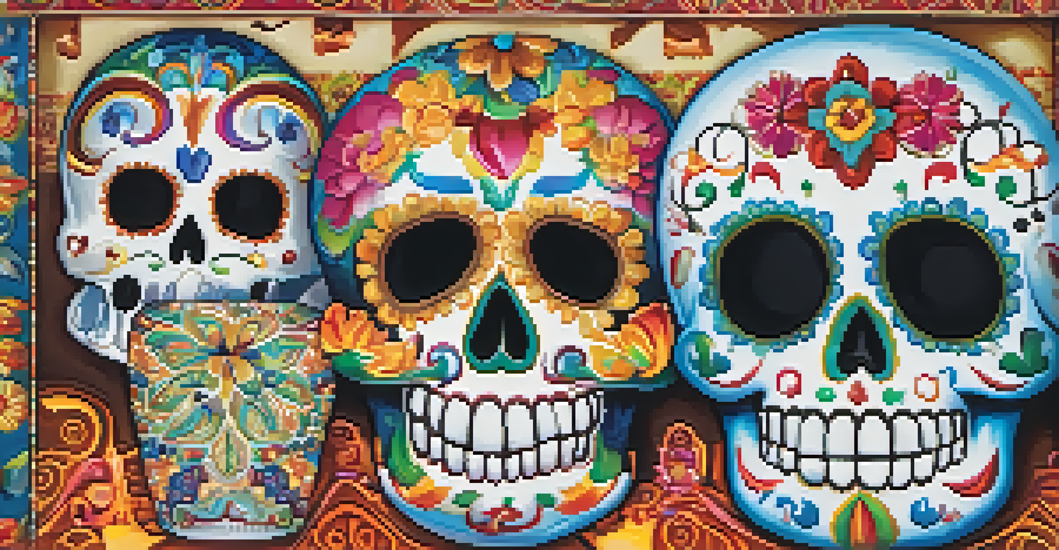 A close-up view of colorful sugar skulls, showcasing their intricate designs and playful expressions.