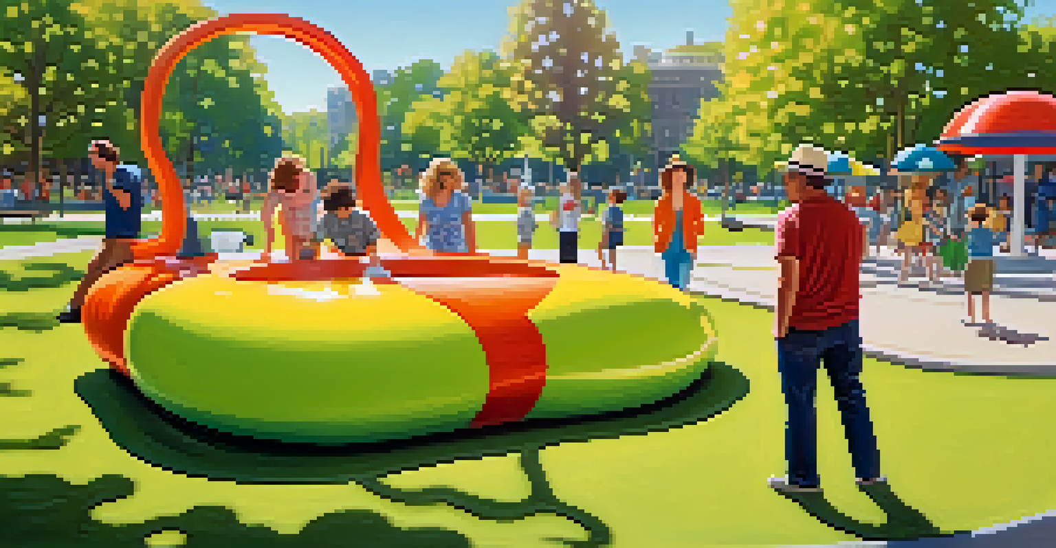 A lively public park filled with oversized cartoon sculptures, where visitors are playfully interacting and posing for photos.