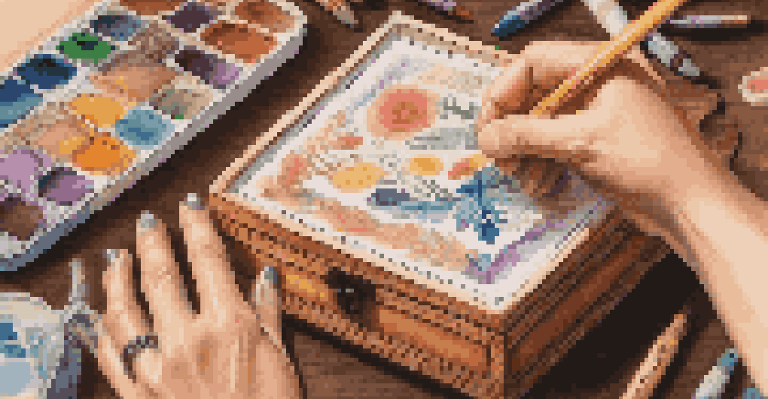 A close-up of hands making a memory box decorated with colorful patterns and surrounded by art supplies.