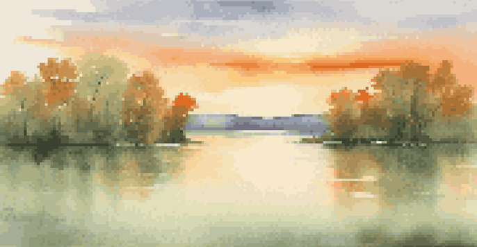 A peaceful sunset landscape over a calm lake with warm colors reflected in the water and green trees surrounding it.