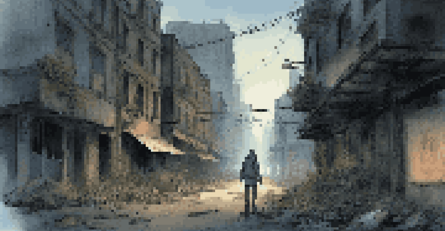 A dark post-apocalyptic city with crumbling buildings, a lone survivor, and flickering street lights creating an eerie atmosphere.