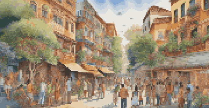 A colorful street mural depicting diverse individuals participating in cultural activities, surrounded by greenery and illuminated by sunlight.