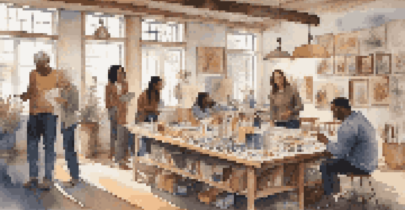 A group of diverse artists in a warm workshop, engaging and sharing their artwork with each other, surrounded by art supplies.