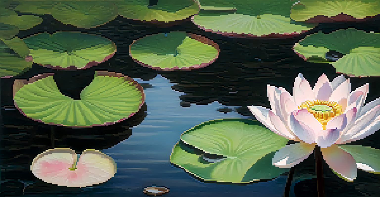 A lotus flower blooming in muddy water, with white and pink petals and lily pads surrounding it, illuminated by sunlight.