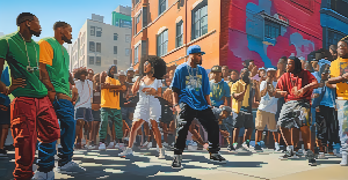 A lively hip-hop performance featuring diverse artists in stylish streetwear, with graffiti art and an engaged crowd under bright sunlight.