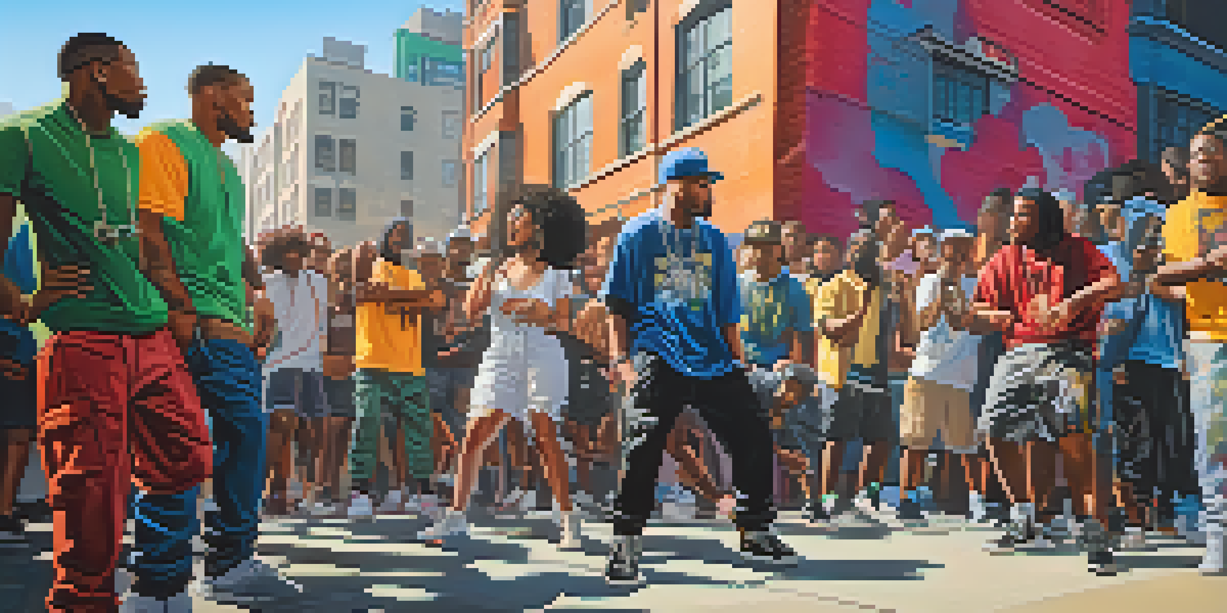 A lively hip-hop performance featuring diverse artists in stylish streetwear, with graffiti art and an engaged crowd under bright sunlight.