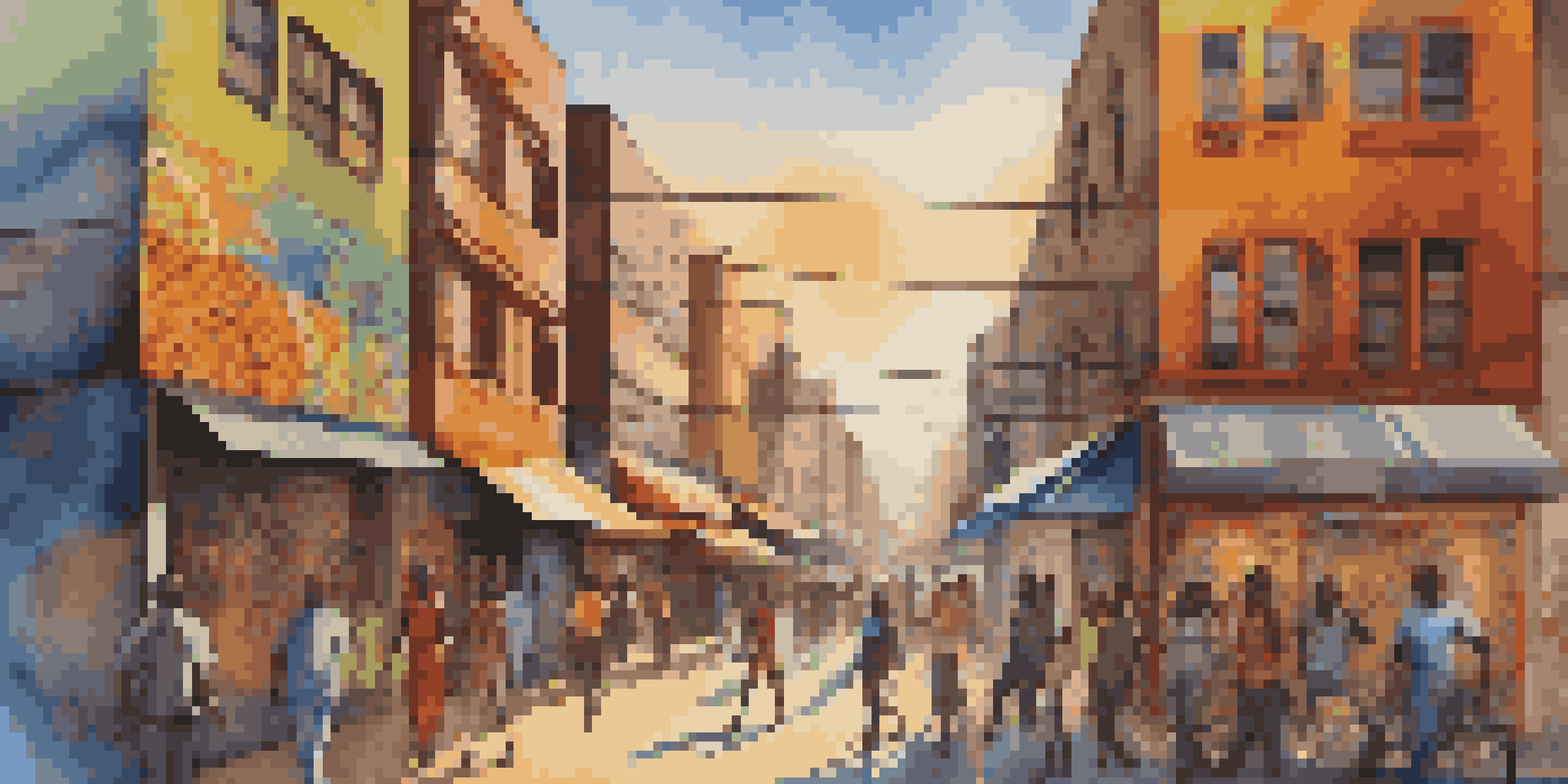 A colorful street mural that blends African patterns with modern abstract designs, set in a lively urban environment under warm afternoon sunlight.