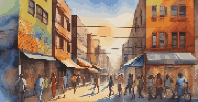 A colorful street mural that blends African patterns with modern abstract designs, set in a lively urban environment under warm afternoon sunlight.