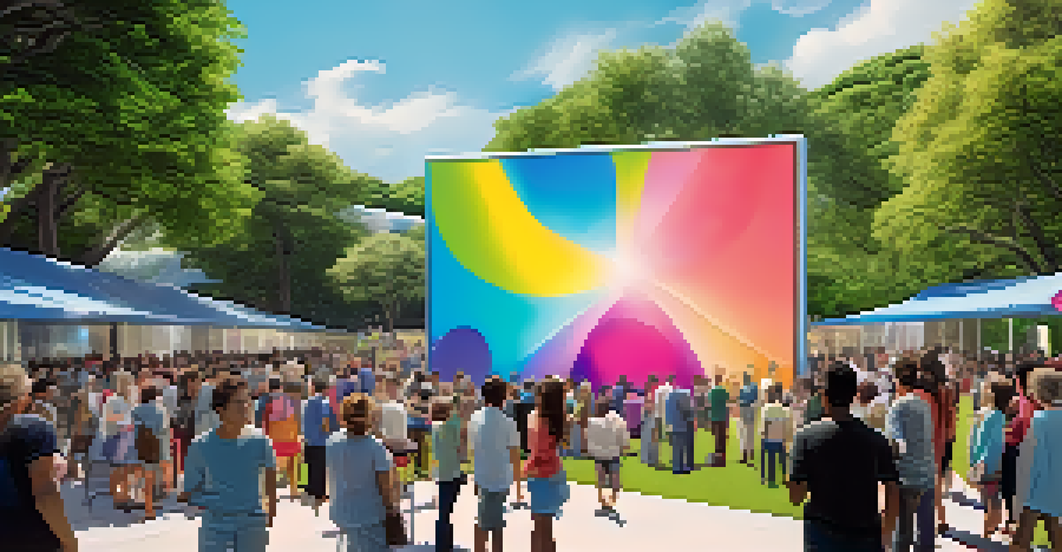 An outdoor community event with a digital art installation reacting to viewers' movements, filled with colorful visuals and people interacting.