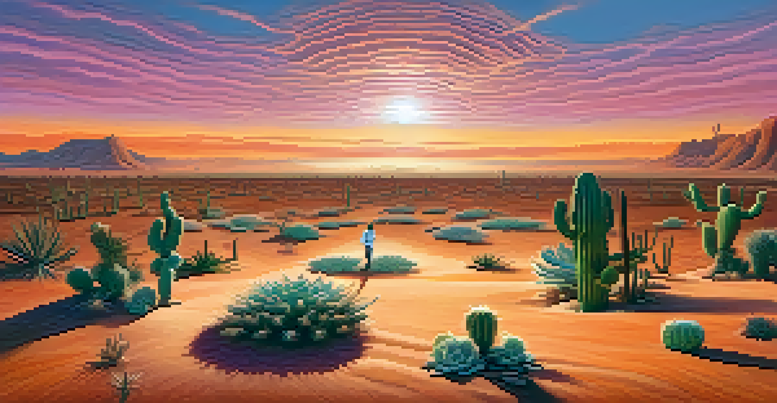 A vast desert with floating hourglasses and a sunset sky, featuring a solitary figure in the distance.