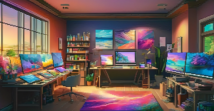 A digital art studio with colorful tablets and a serene landscape painting on the wall, softly lit with warm light.