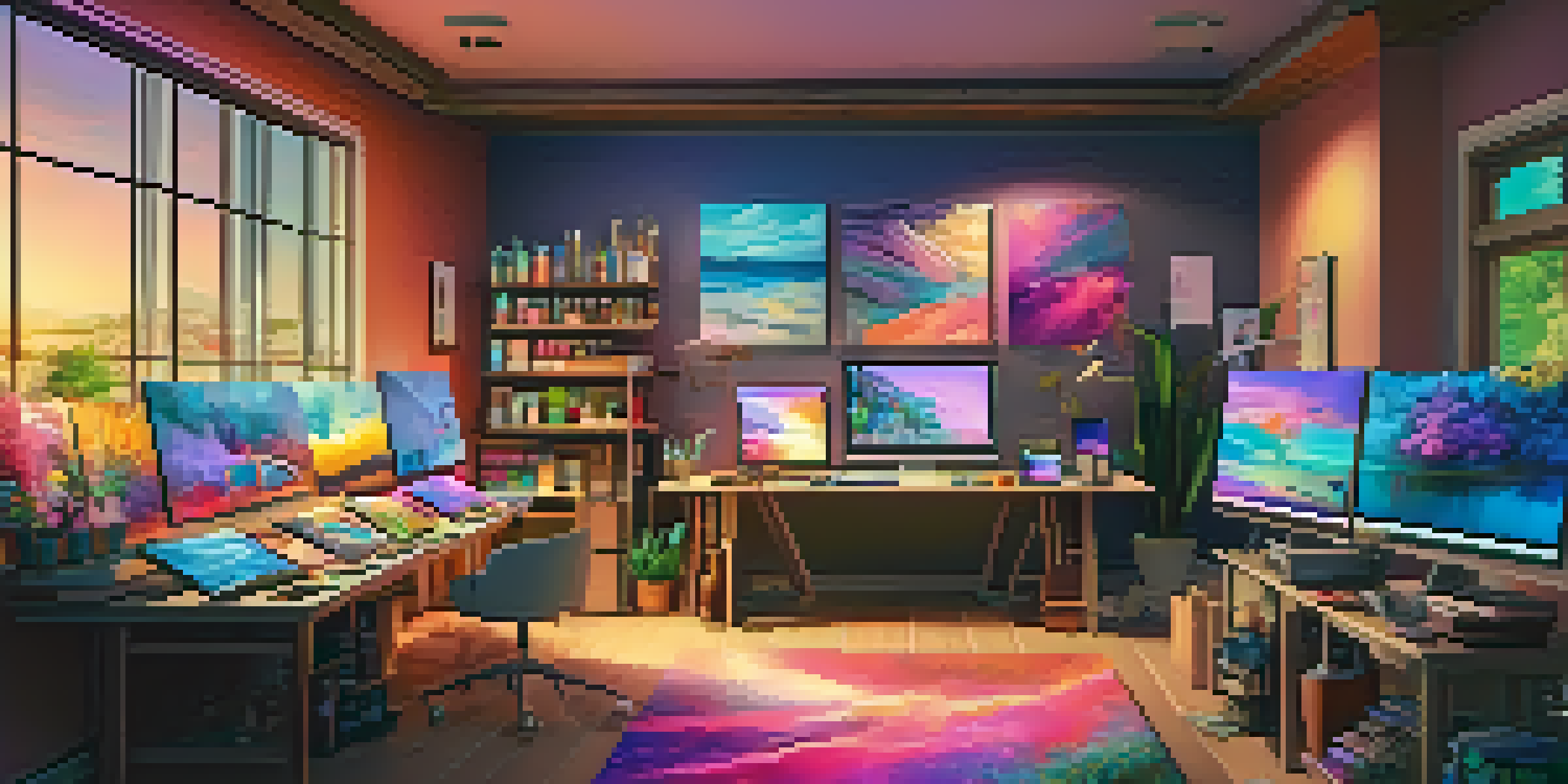 A digital art studio with colorful tablets and a serene landscape painting on the wall, softly lit with warm light.
