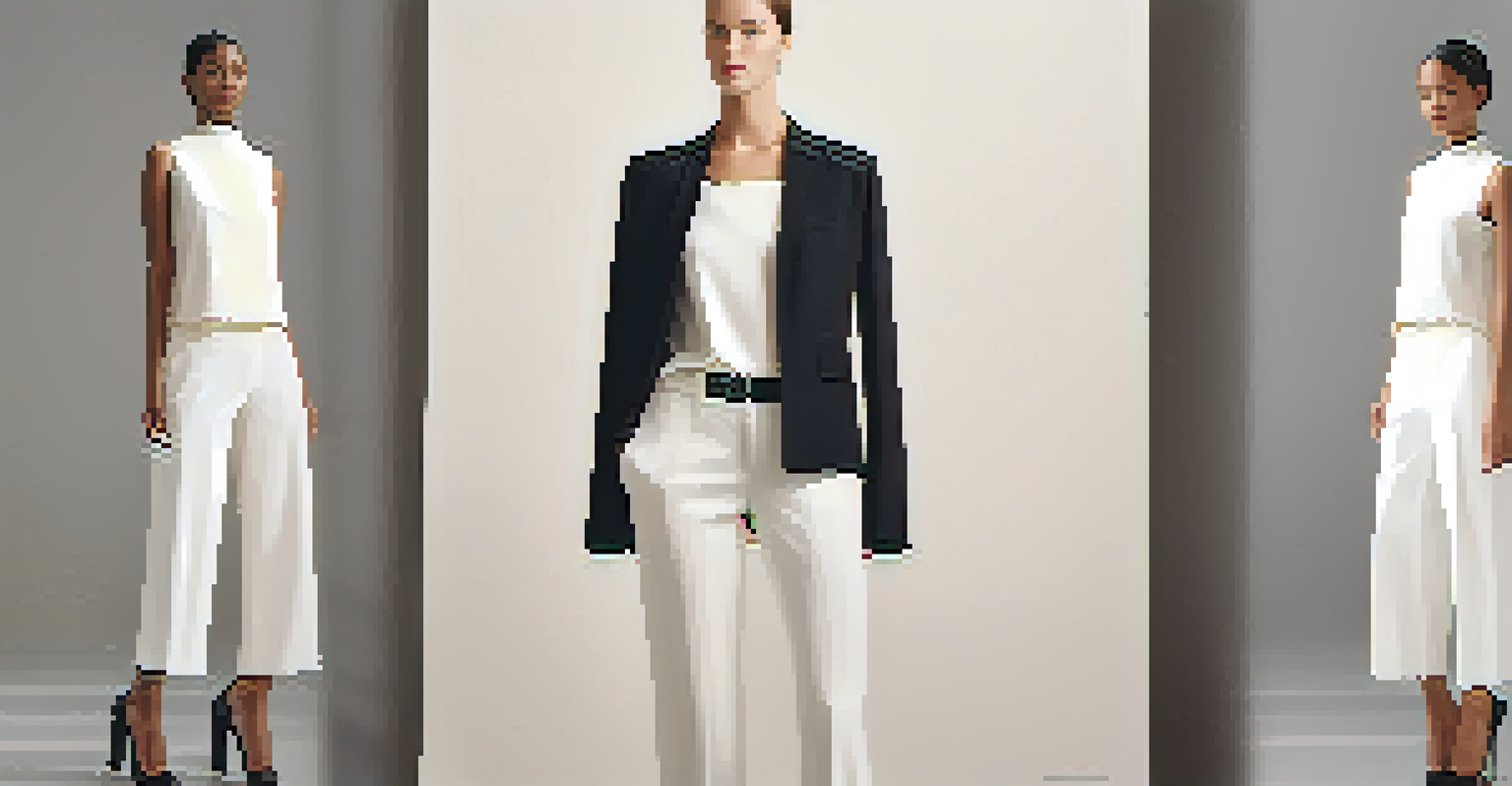 A minimalist fashion outfit on a mannequin, featuring a white blouse and black trousers against a plain backdrop.