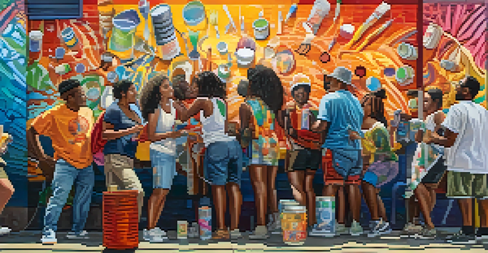 A colorful mural in an urban area with diverse community members working together on an art project, under sunlight.