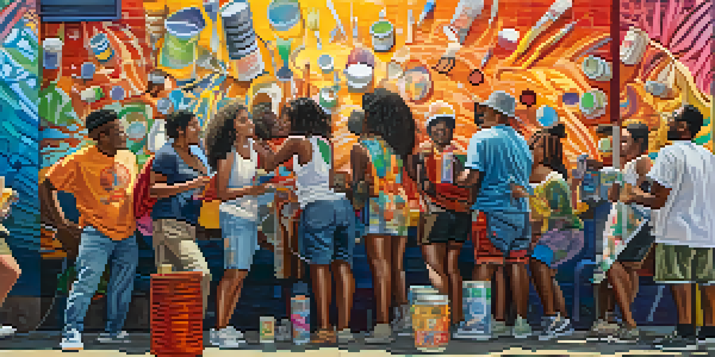 A colorful mural in an urban area with diverse community members working together on an art project, under sunlight.