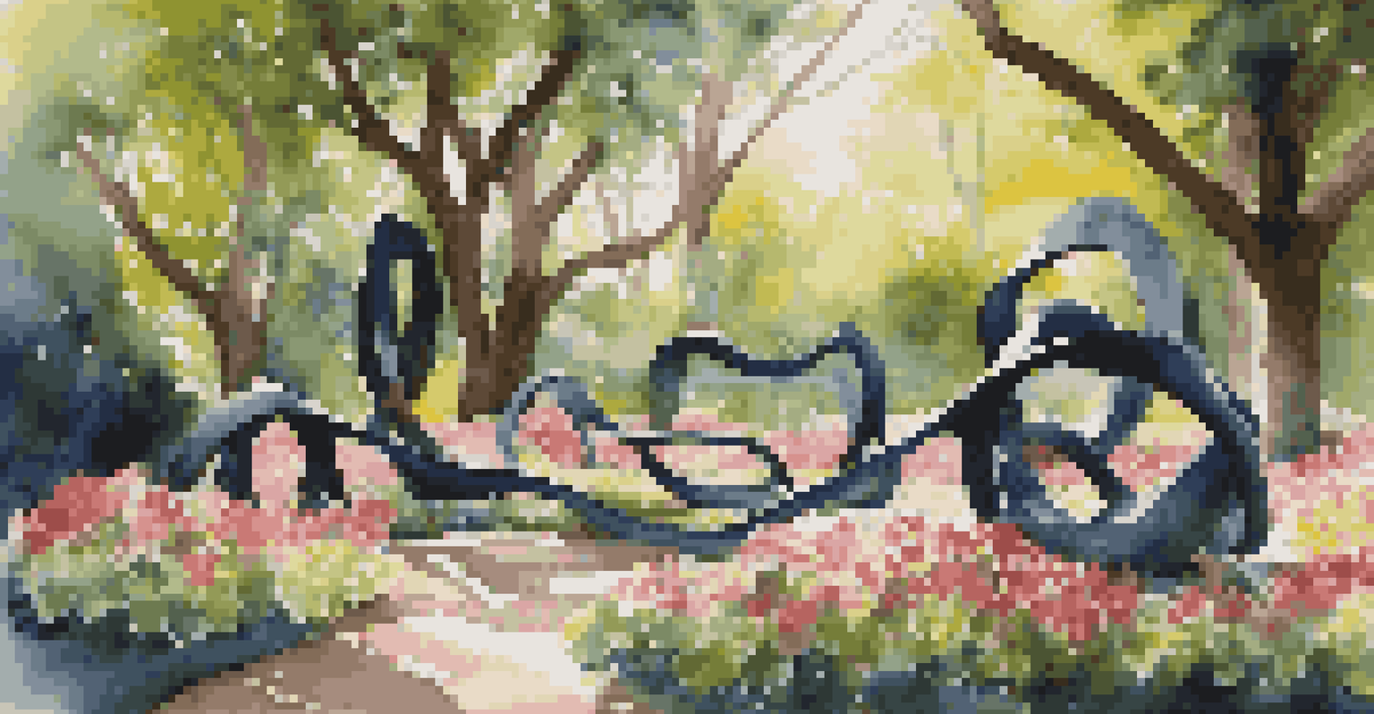 An outdoor art installation in a garden, featuring metal sculptures and vibrant flowers under sunlight.