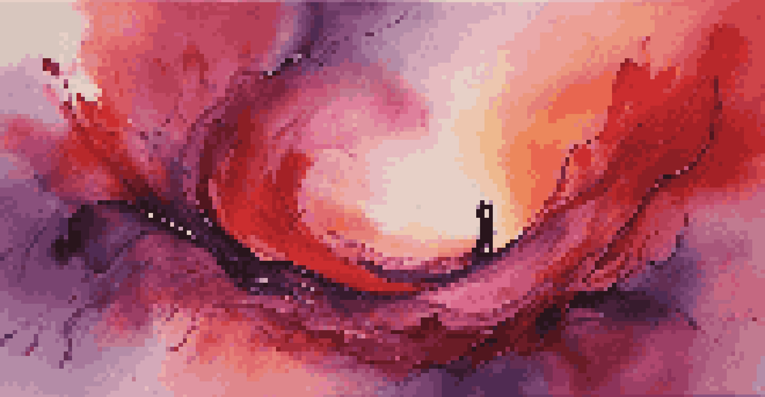 An abstract painting with swirling reds and pinks, depicting themes of love and longing, with hints of reaching figures.