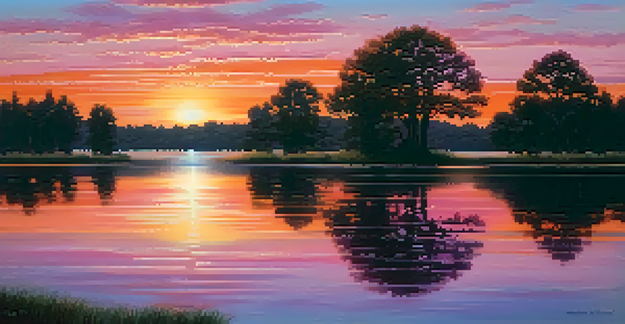 A sunset over a calm lake, with silhouettes of trees in the foreground, reflecting vibrant colors in the water.