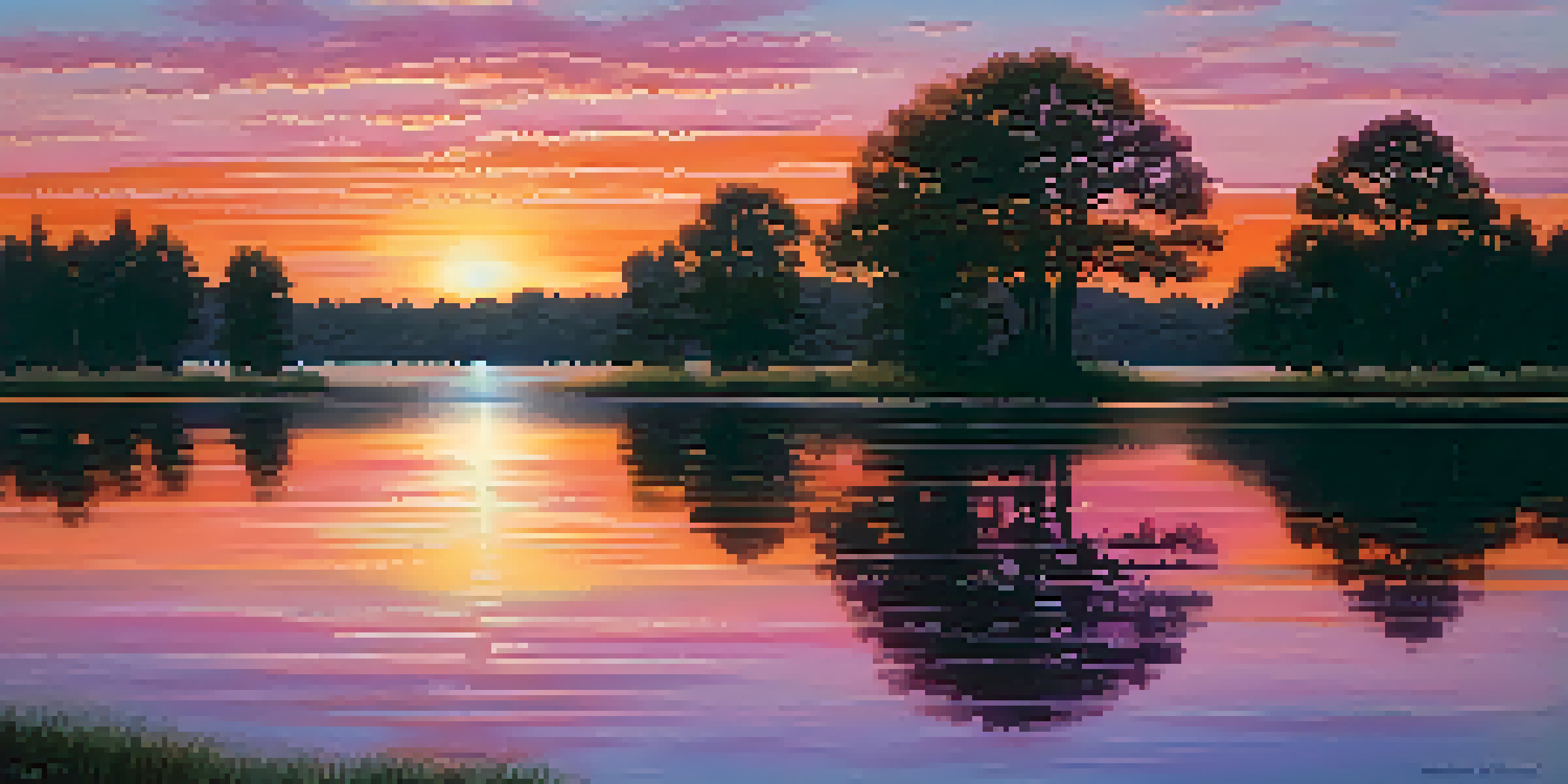 A sunset over a calm lake, with silhouettes of trees in the foreground, reflecting vibrant colors in the water.