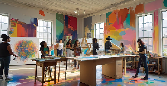 A diverse group of artists collaborating in a bright studio, working on a mural about gender equality.