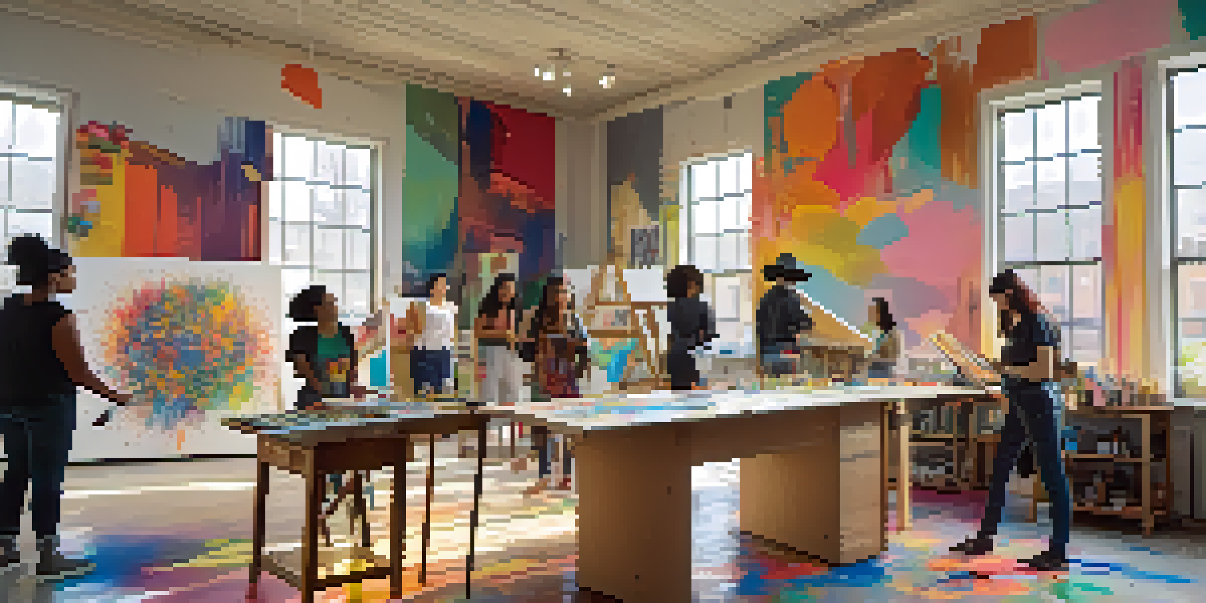 A diverse group of artists collaborating in a bright studio, working on a mural about gender equality.