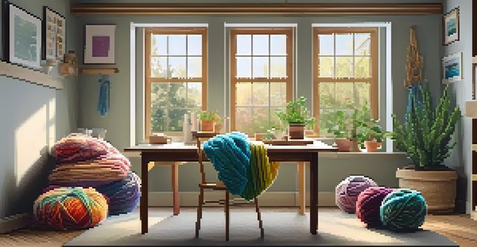 A peaceful crafting area with a wooden table covered in yarn and knitting supplies, illuminated by natural light, featuring plants and calming artwork.