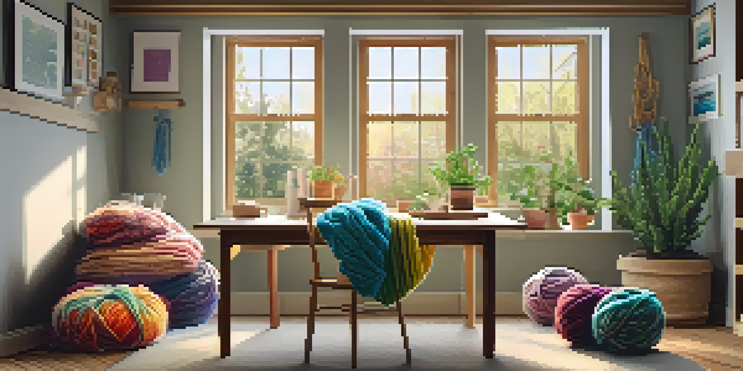 A peaceful crafting area with a wooden table covered in yarn and knitting supplies, illuminated by natural light, featuring plants and calming artwork.