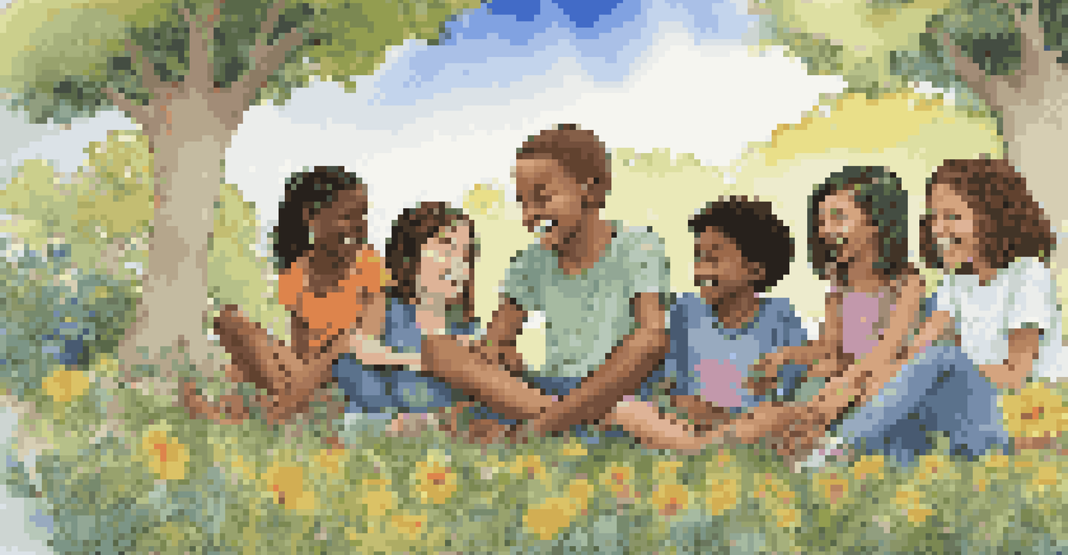 A group of children from diverse backgrounds sitting in a park, sharing stories and laughing amidst lush greenery and colorful flowers.
