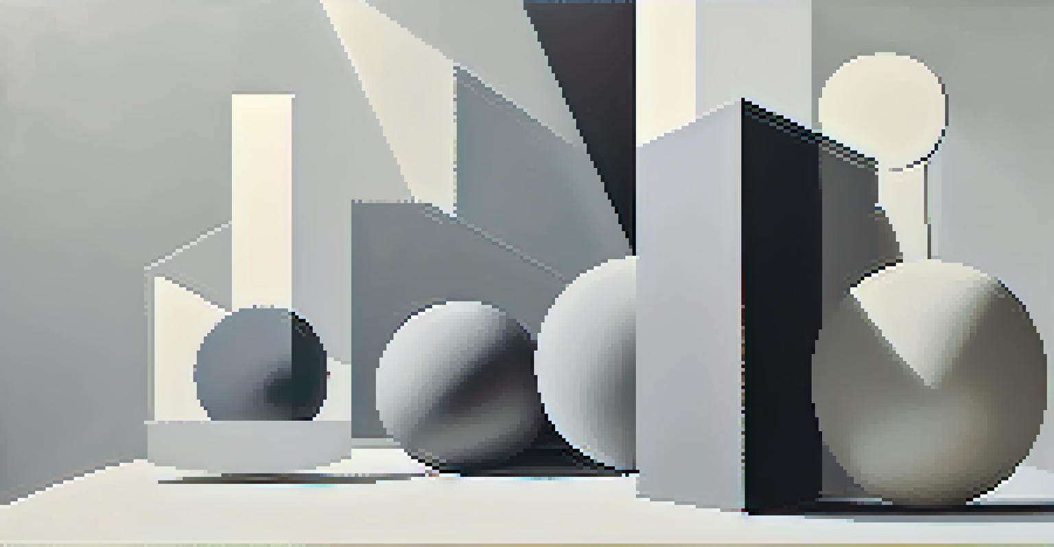 An abstract minimalist artwork featuring geometric shapes in gray and white with negative space.