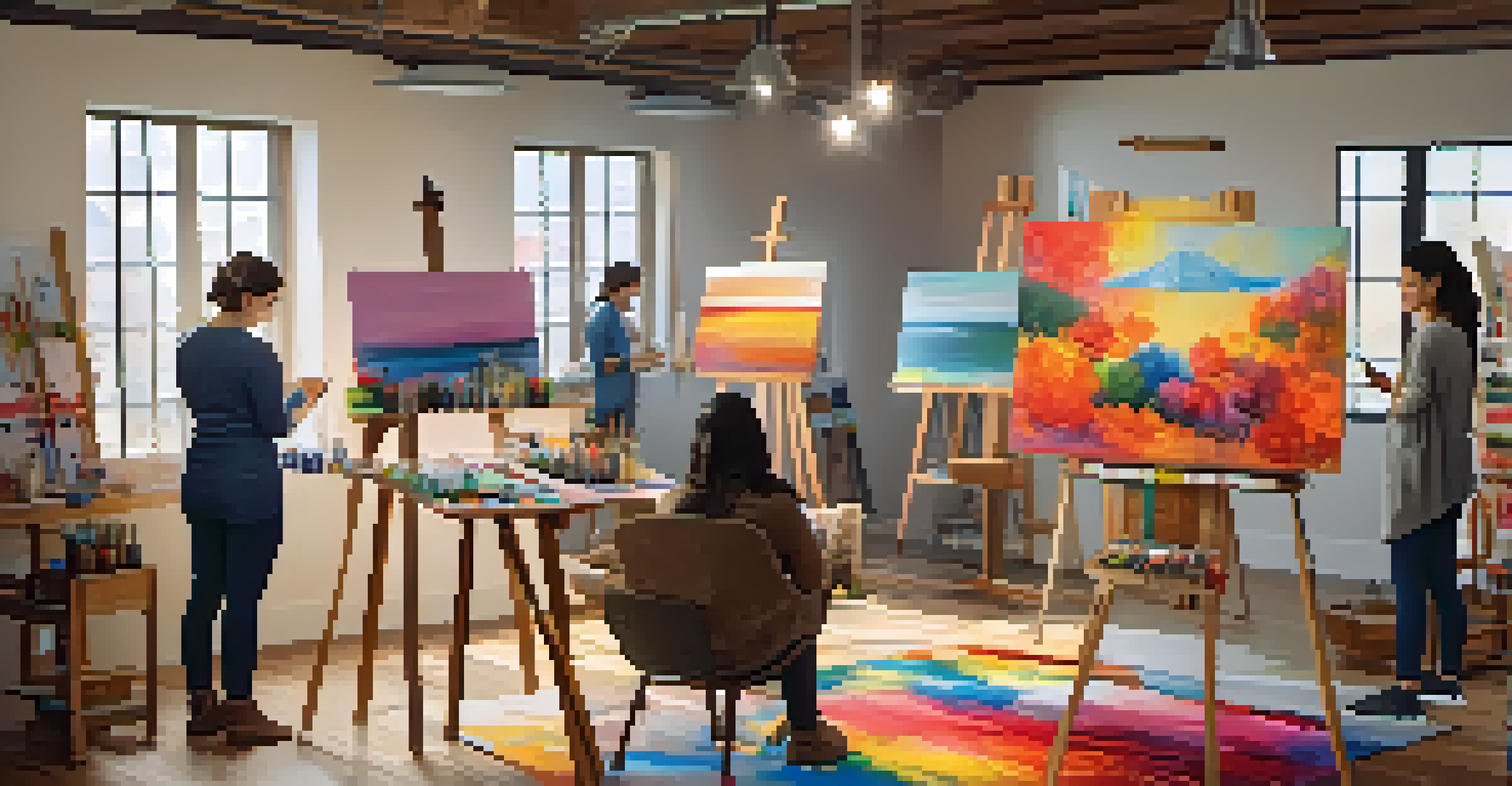 An art therapy session with individuals creating art in a cozy studio setting.