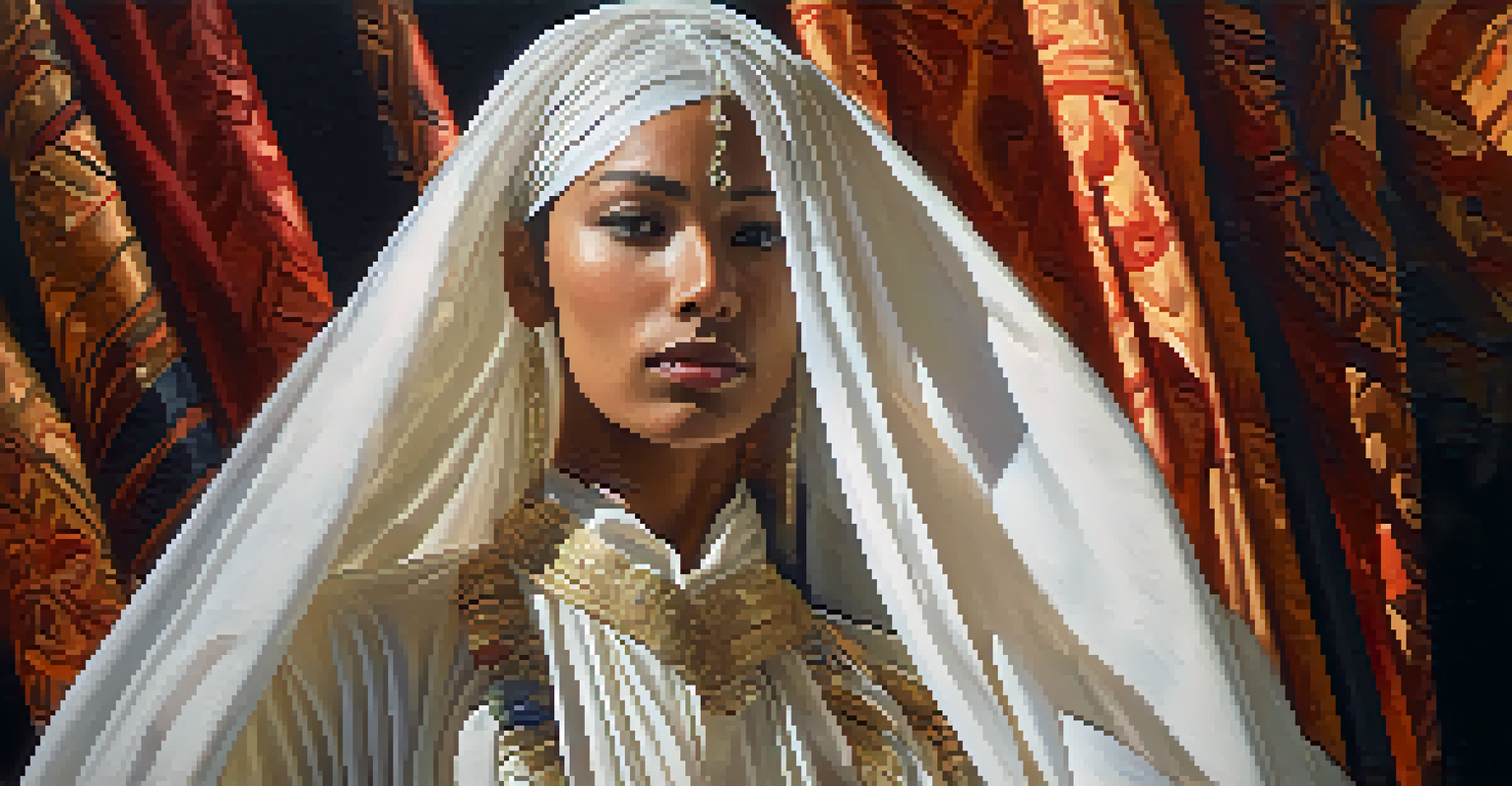 A close-up of a performer showcasing gender identity, adorned in flowing fabrics with cultural patterns under soft lighting.