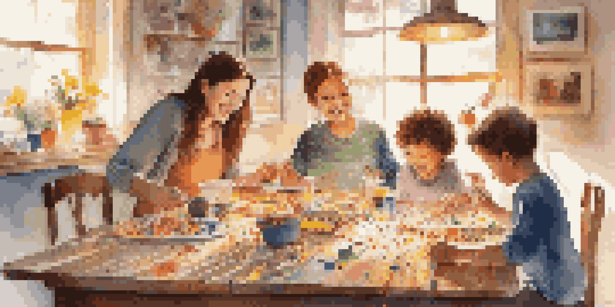 A family joyfully painting decorations together at a wooden table, with colorful paints and art supplies around them, illuminated by soft sunlight.