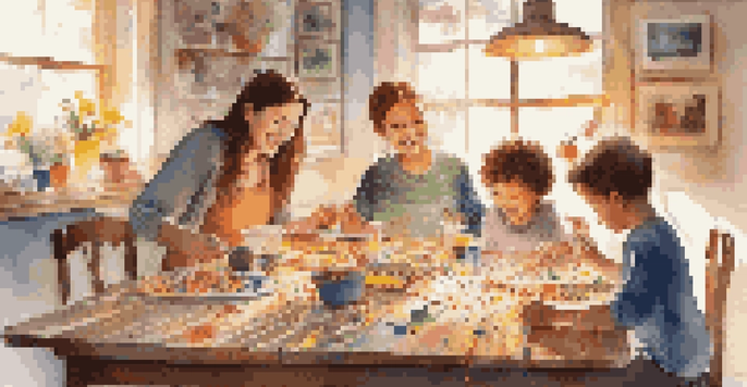 A family joyfully painting decorations together at a wooden table, with colorful paints and art supplies around them, illuminated by soft sunlight.