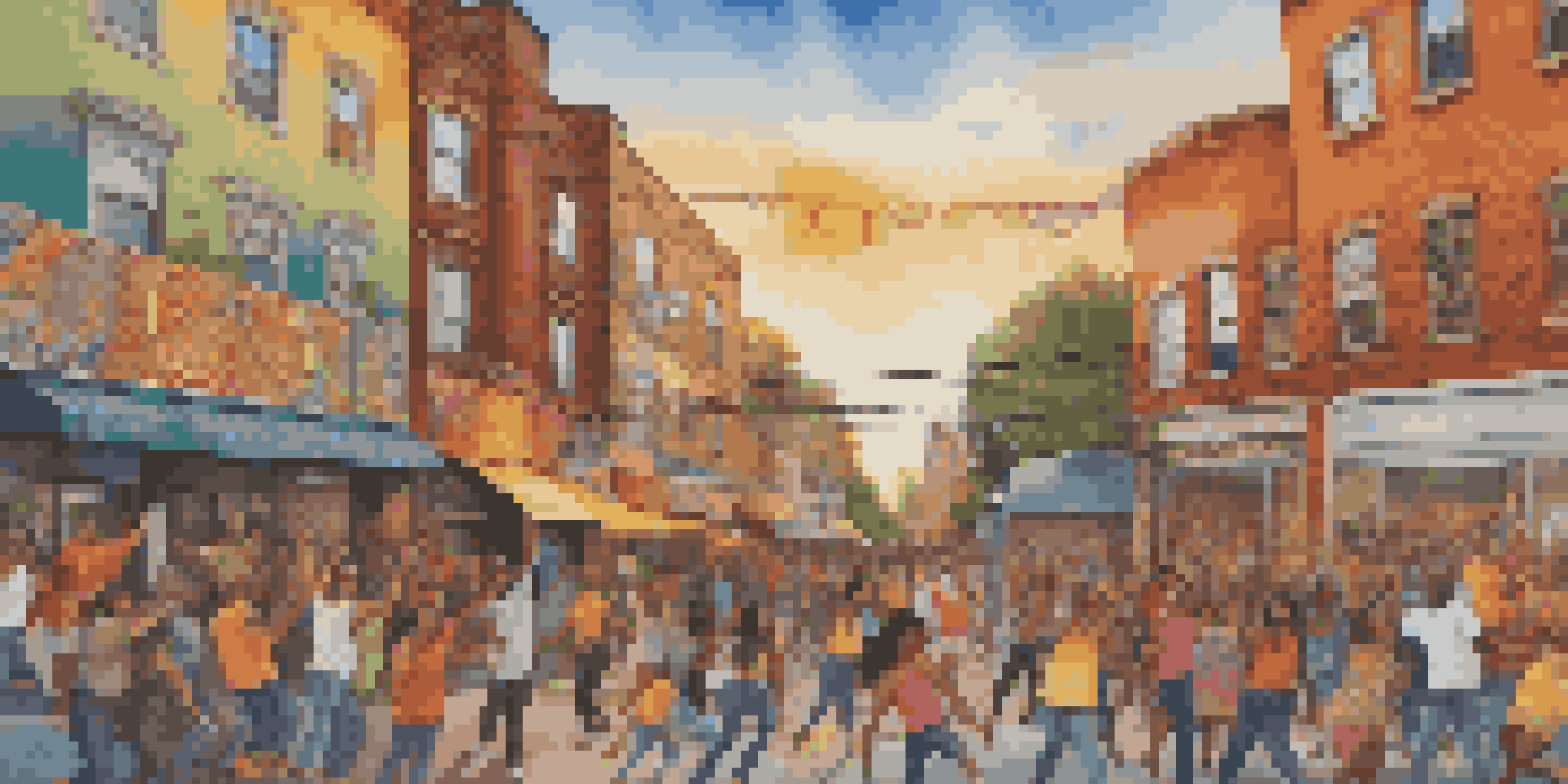 A colorful street mural illustrating various people from diverse backgrounds participating in art and music, with cultural symbols and patterns under warm sunset lighting.
