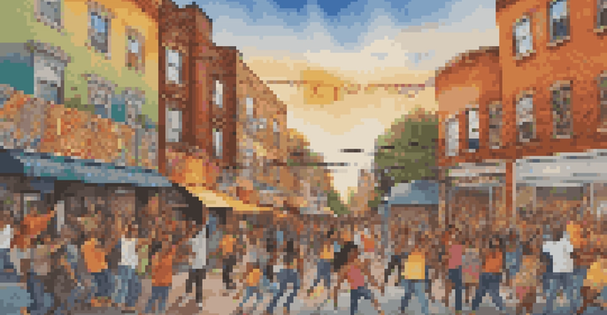 A colorful street mural illustrating various people from diverse backgrounds participating in art and music, with cultural symbols and patterns under warm sunset lighting.