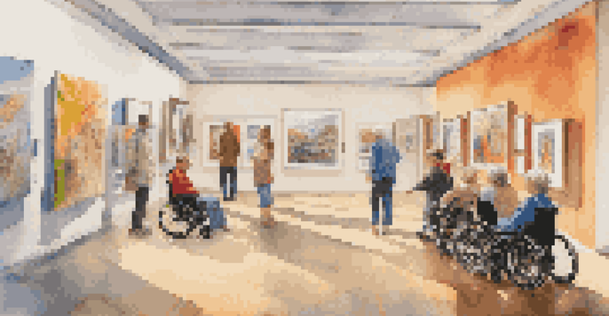 An art gallery filled with diverse visitors exploring various artworks. Accessibility features like wheelchair ramps and braille signage are visible, promoting inclusivity.