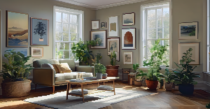 A warm and inviting home gallery filled with various framed artworks, a cozy armchair, and natural light from windows.