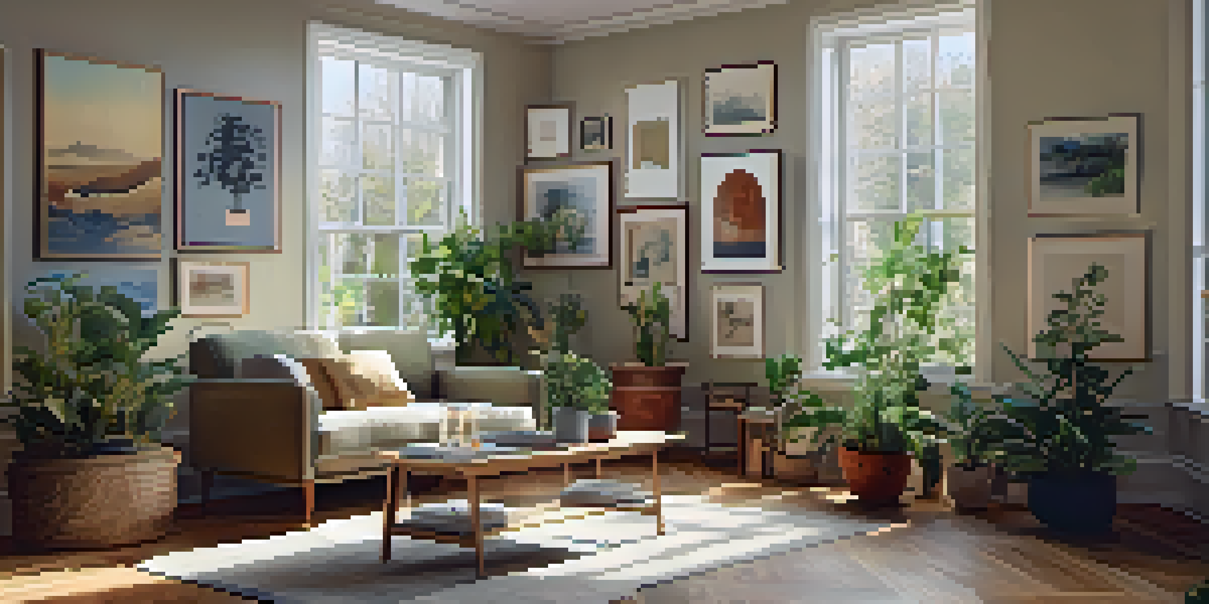 A warm and inviting home gallery filled with various framed artworks, a cozy armchair, and natural light from windows.