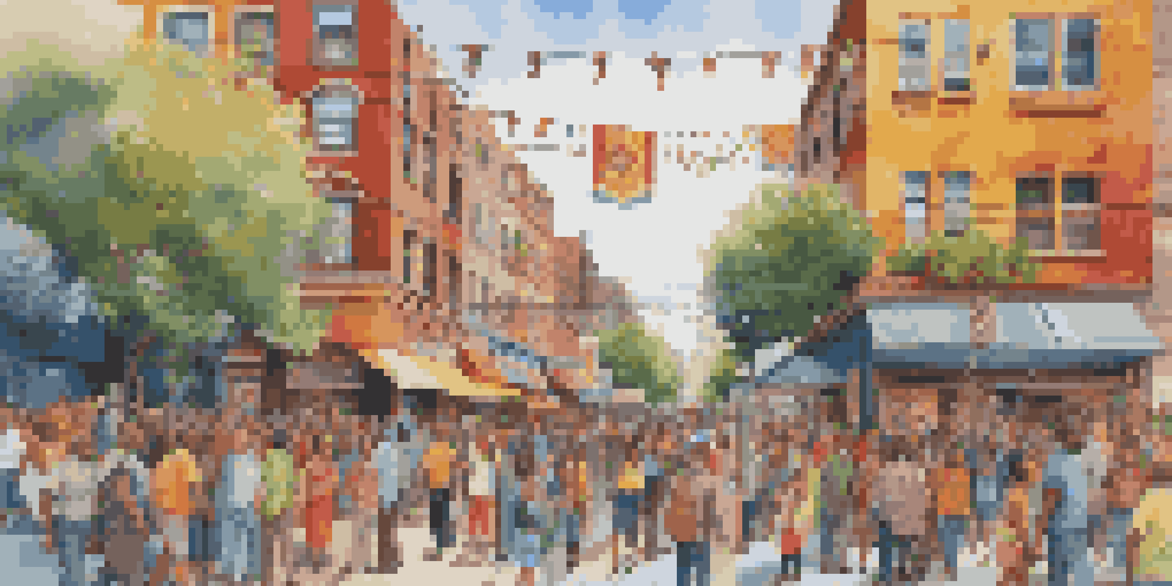 A colorful mural on an urban wall showing diverse individuals celebrating their cultural heritage, with pedestrians admiring the artwork.