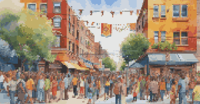 A colorful mural on an urban wall showing diverse individuals celebrating their cultural heritage, with pedestrians admiring the artwork.