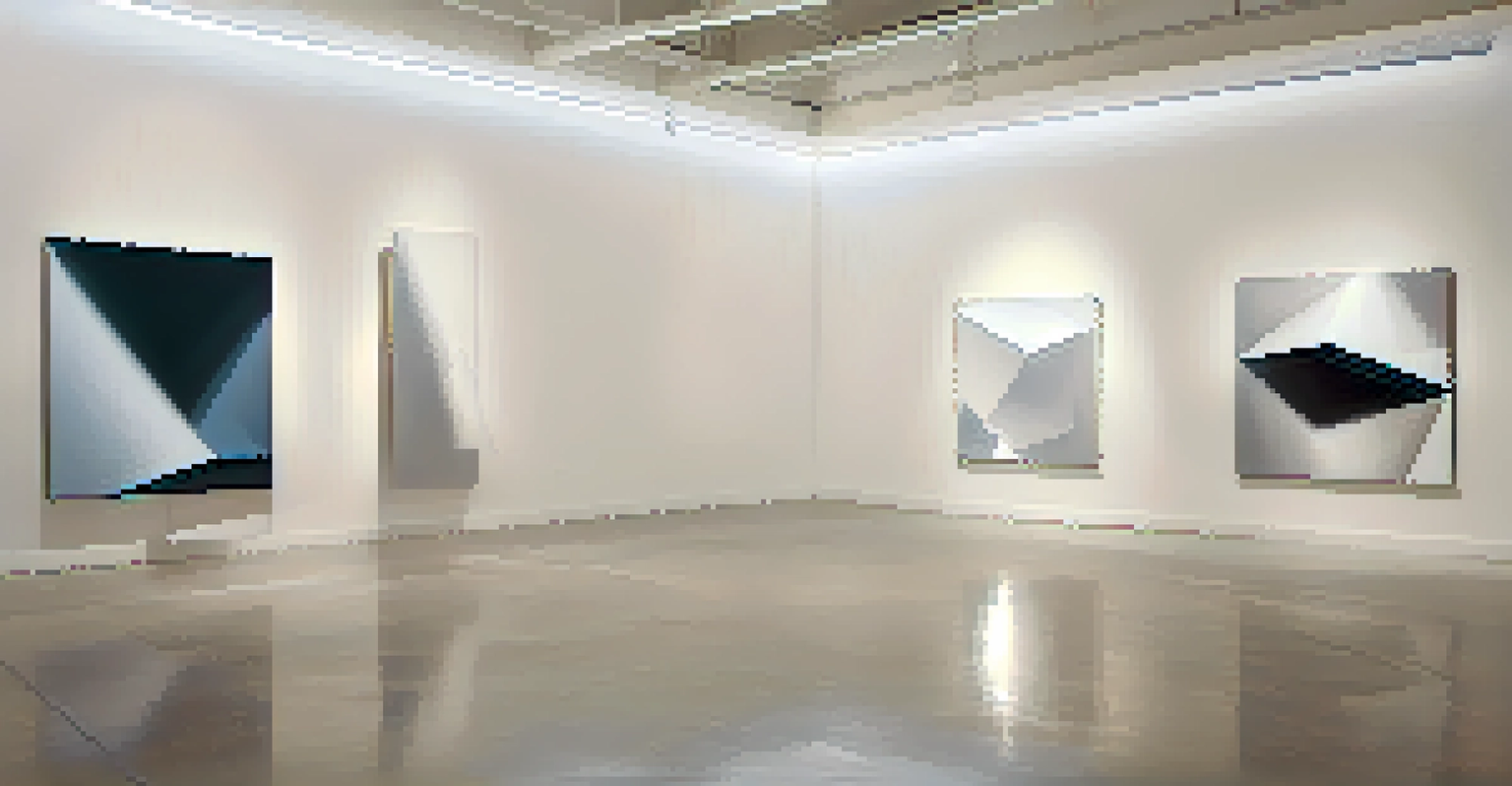An abstract art installation with geometric shapes in a minimalist gallery.