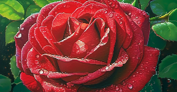 A close-up of a red rose with dew drops, with green foliage blurred in the background and sunlight creating a warm glow.