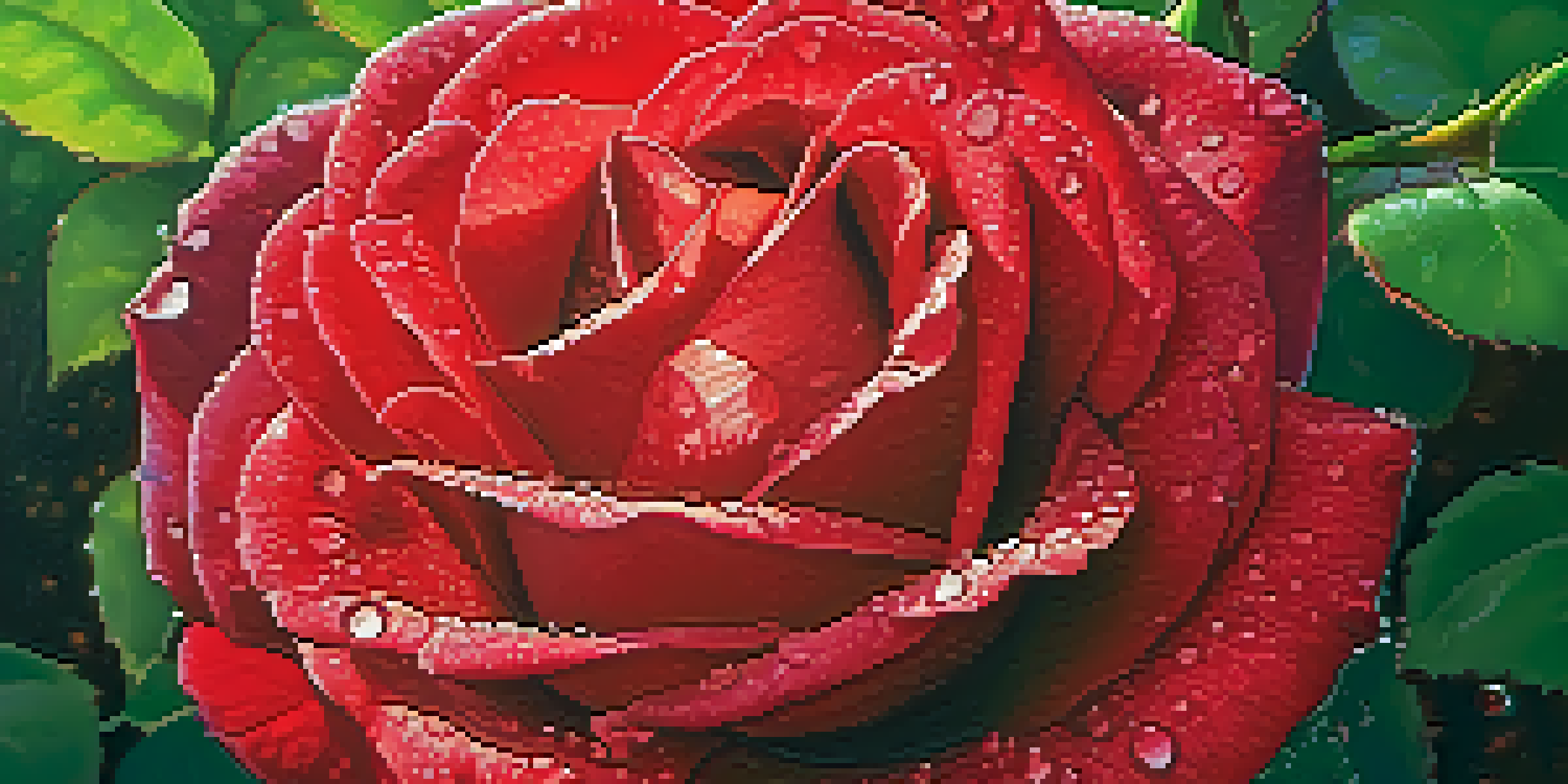 A close-up of a red rose with dew drops, with green foliage blurred in the background and sunlight creating a warm glow.