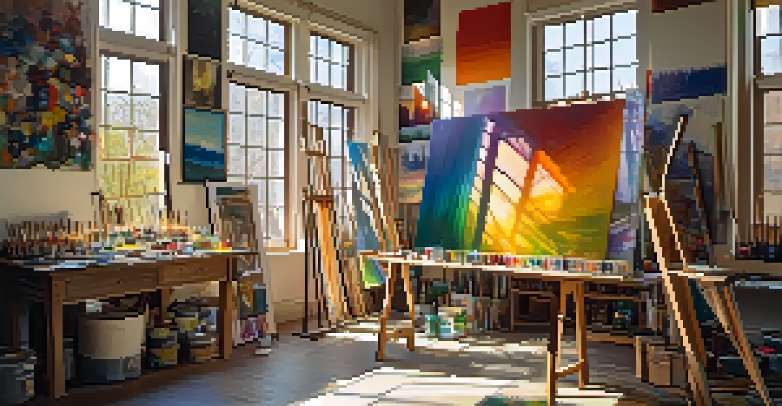 An artist's studio with colorful paints, brushes, and unfinished canvases illuminated by sunlight.