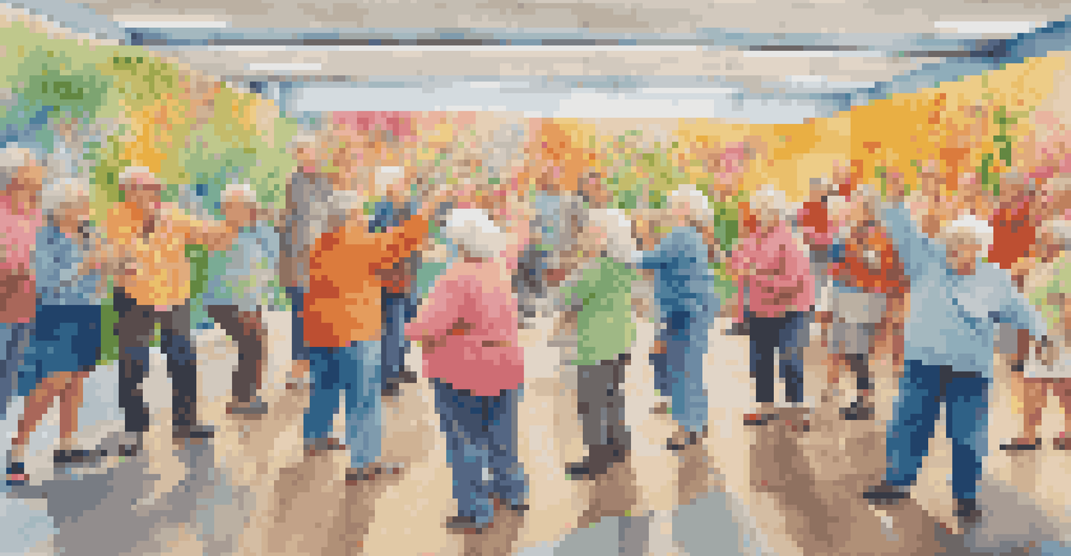 Seniors collaborating on a large mural in a community center, surrounded by completed artworks and vibrant colors.