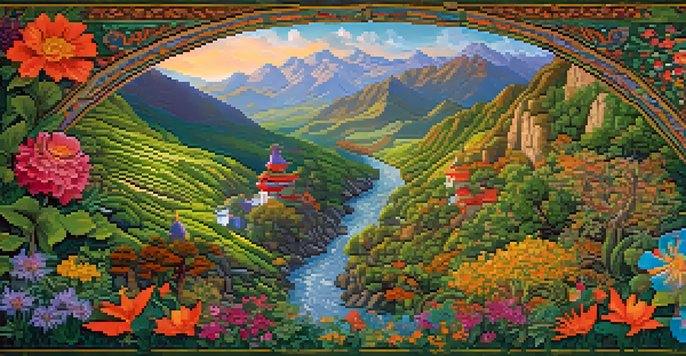 A colorful tapestry illustrating a mythical dragon flying over a green valley filled with wildflowers, with intricate patterns and textures.