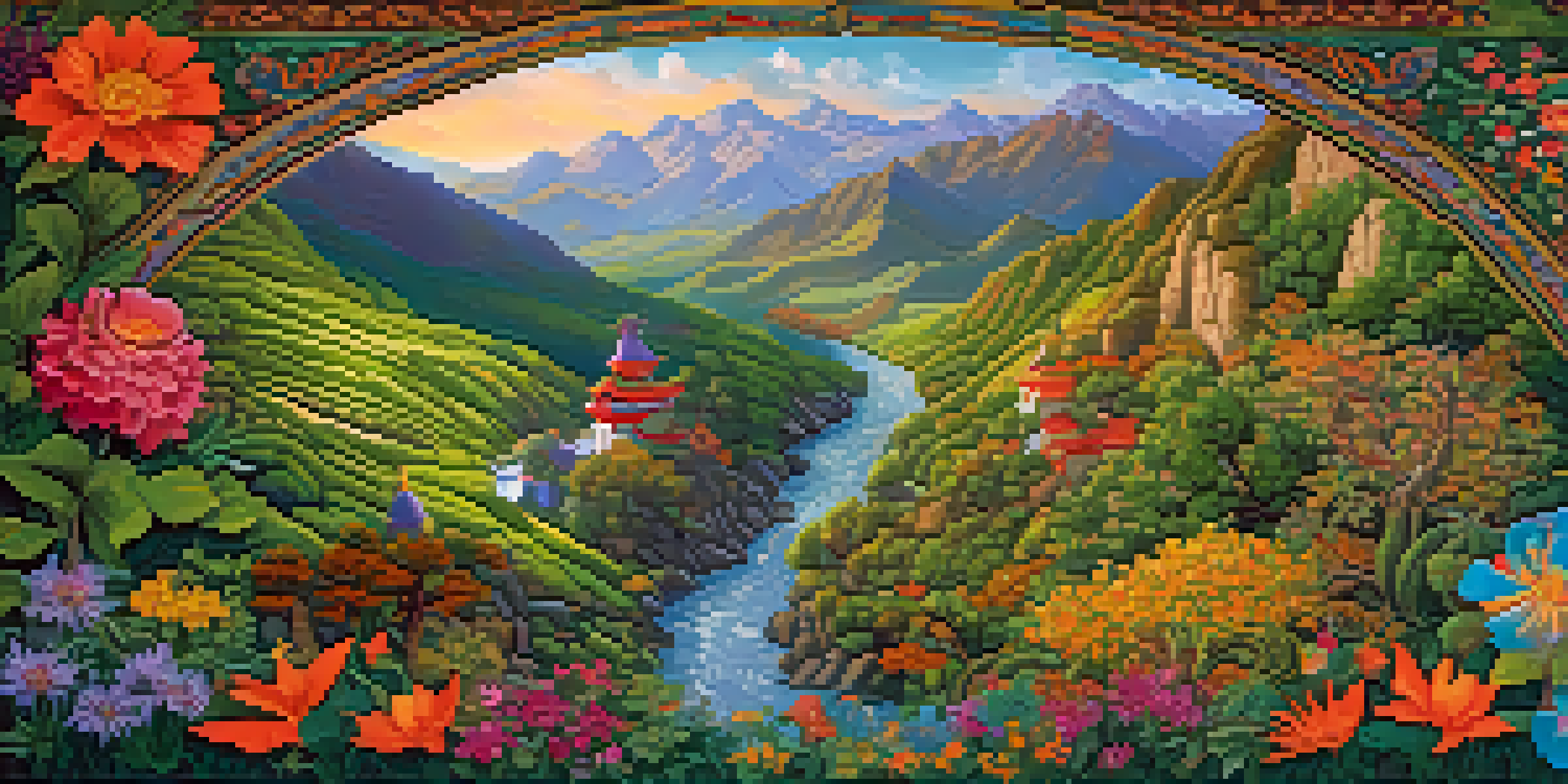 A colorful tapestry illustrating a mythical dragon flying over a green valley filled with wildflowers, with intricate patterns and textures.