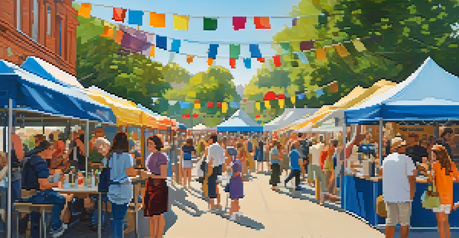 An art festival in a park with local artists showcasing their work and visitors enjoying the lively atmosphere.