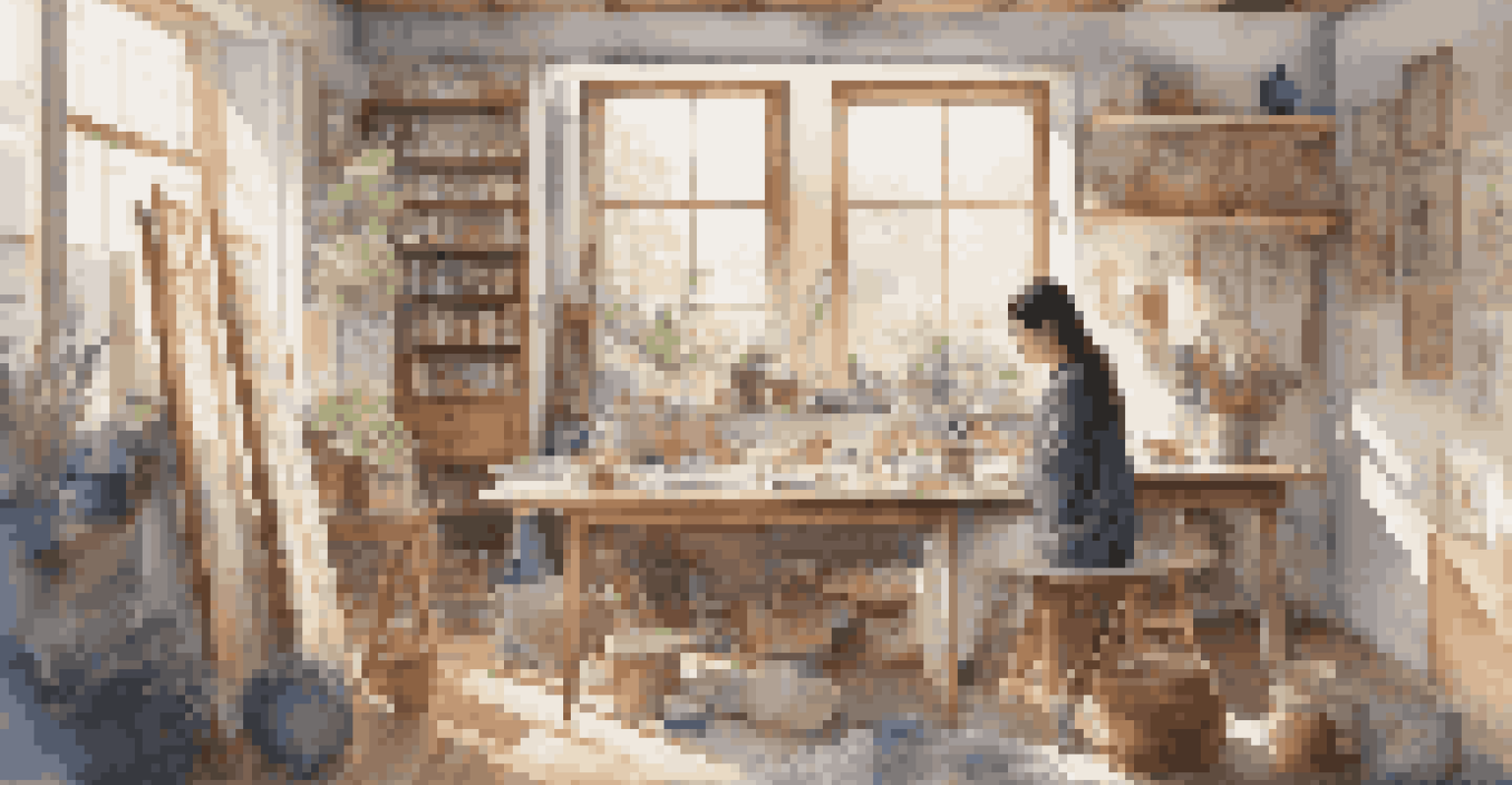 A female artist painting in a sunlit studio, with cultural elements and art supplies surrounding her.